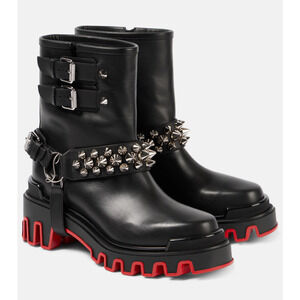 Christian Louboutin Dune Bike Flat Spike Black Leather Platform Ankle Boots 38